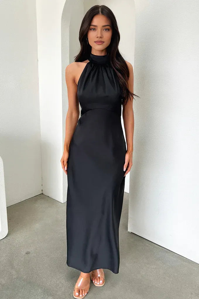 Simple Fitted High Neck Sleeveless Pleated Satin Floor-Length Prom Dress