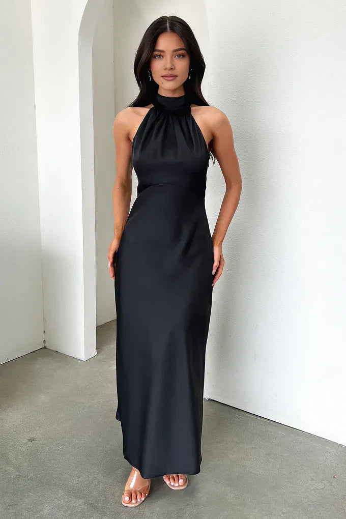 Simple Fitted High Neck Sleeveless Pleated Satin Floor-Length Prom Dress