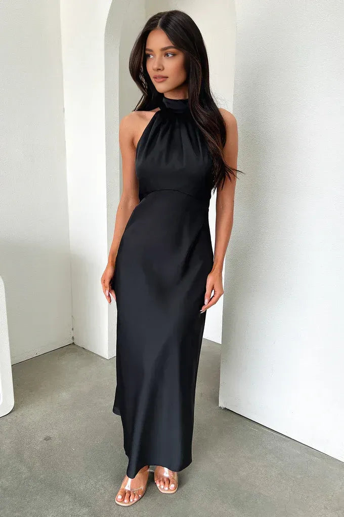 Simple Fitted High Neck Sleeveless Pleated Satin Floor-Length Prom Dress