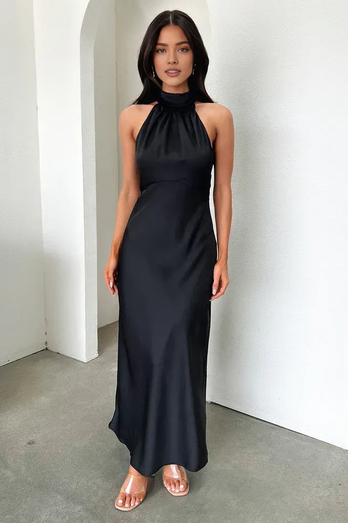 Simple Fitted High Neck Sleeveless Pleated Satin Floor-Length Prom Dress