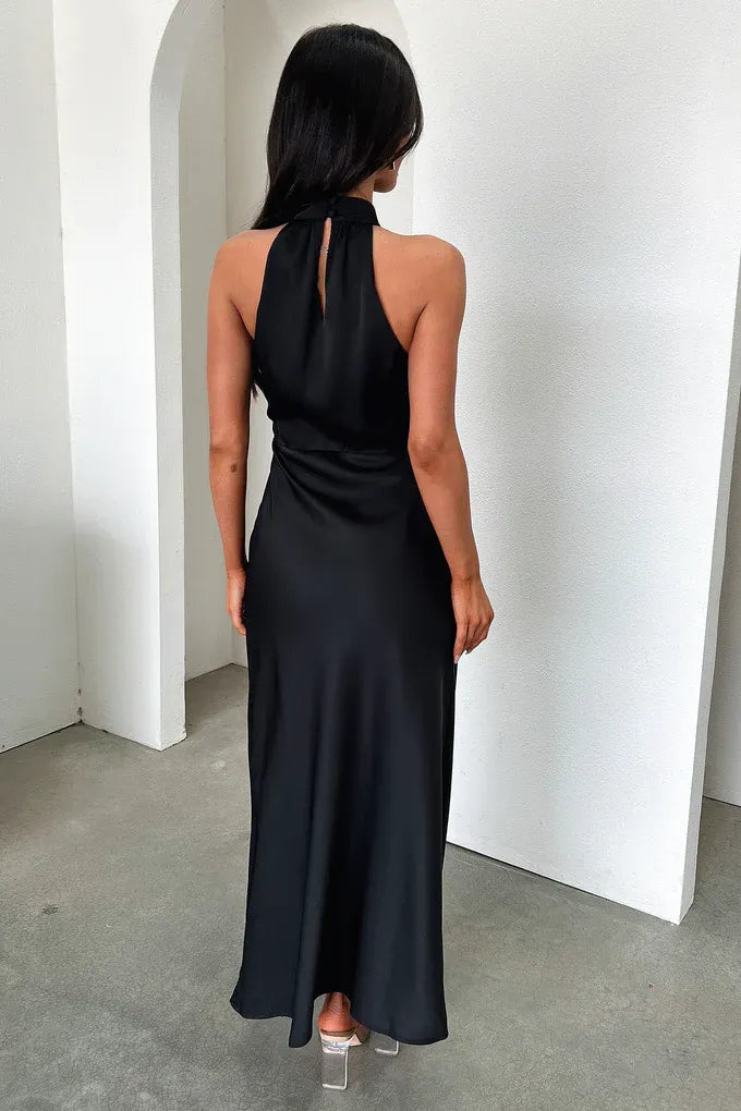 Simple Fitted High Neck Sleeveless Pleated Satin Floor-Length Prom Dress