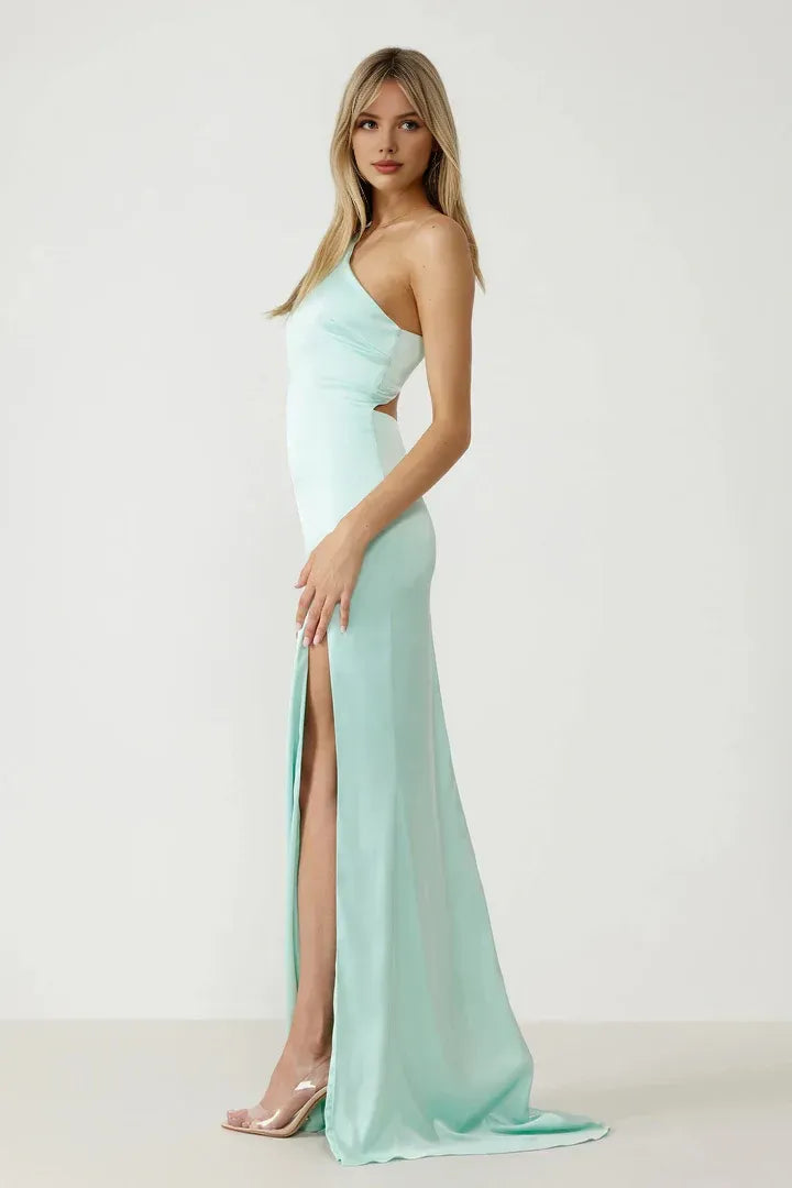 Simple Fitted One Shoulder Sleeveless Satin Floor-Length Prom Dress