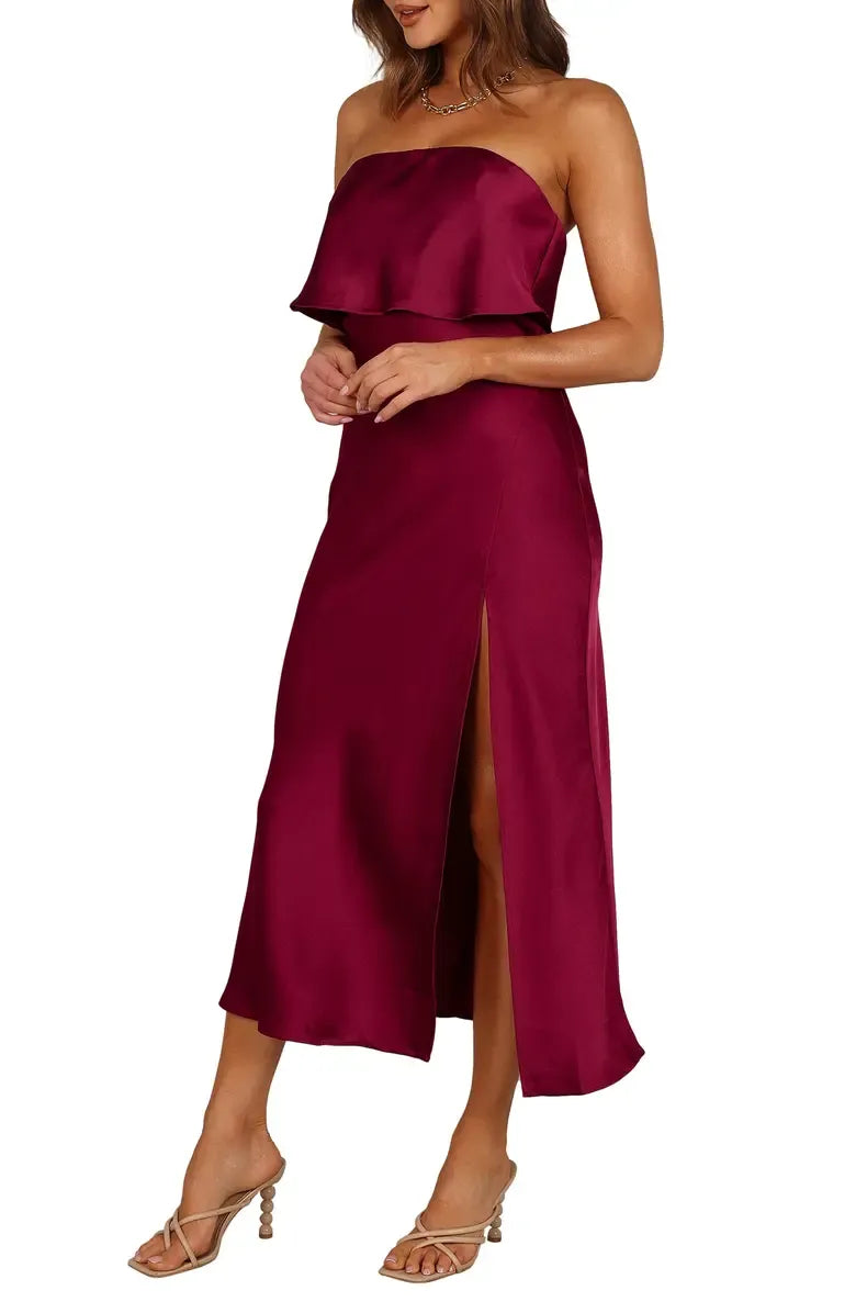 Simple Fitted Strapless Sleeveless Satin Tea-Length Prom Dress