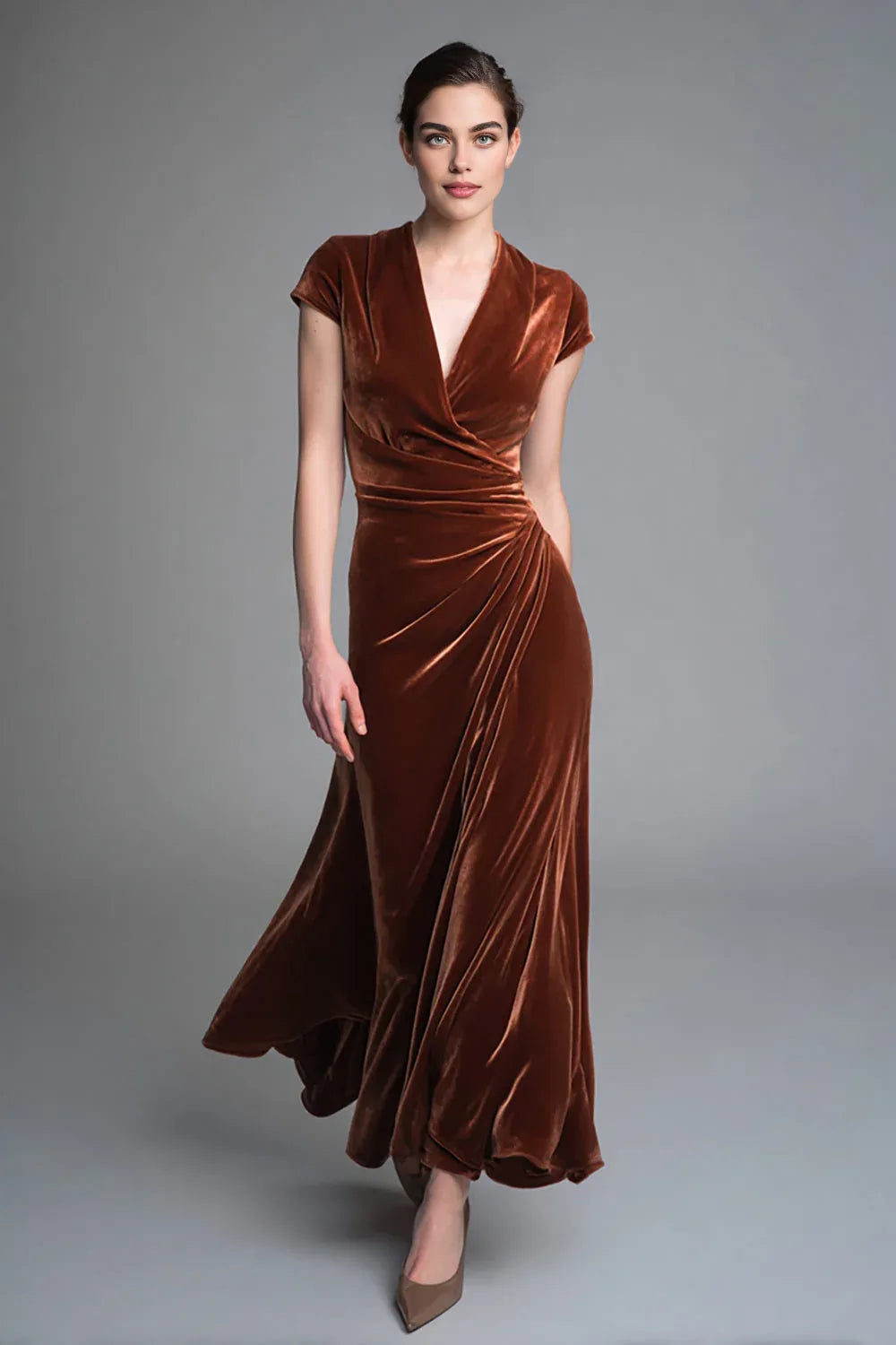 Simple Fitted V-Neck Cap Sleeve Velvet Floor-Length Evening Dress