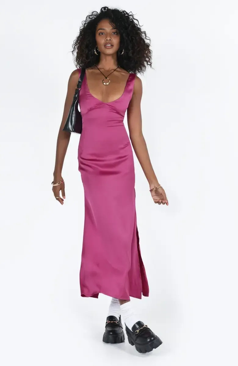 Simple Fitted V-Neck Sleeveless Satin Ankle-Length Prom Dress