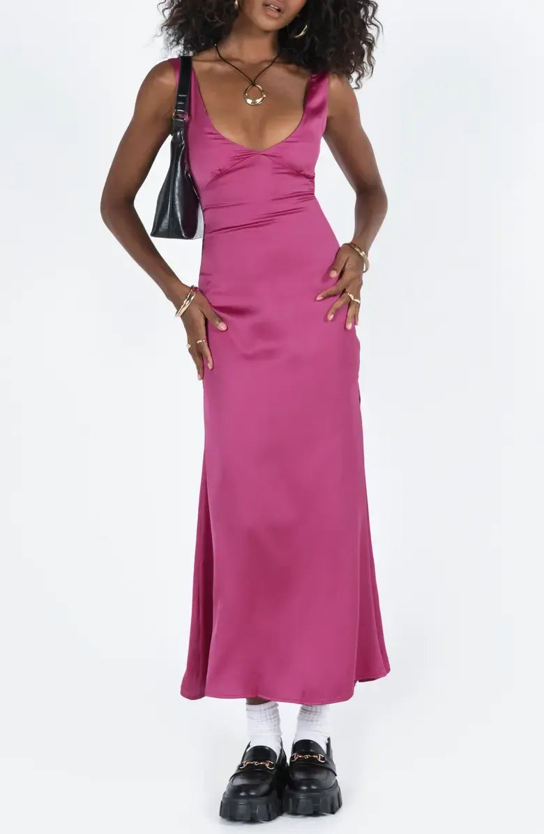 Simple Fitted V-Neck Sleeveless Satin Ankle-Length Prom Dress