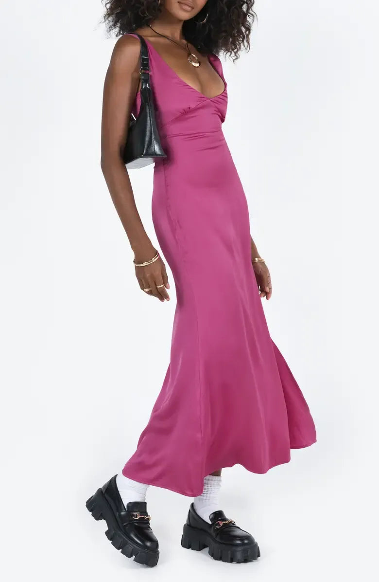 Simple Fitted V-Neck Sleeveless Satin Ankle-Length Prom Dress