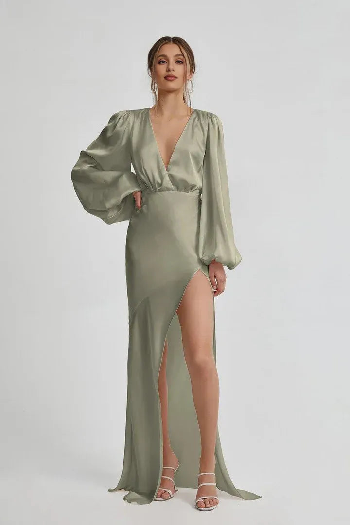 Simple Fitted V Neck Long Sleeve Satin Floor-Length Prom Dress