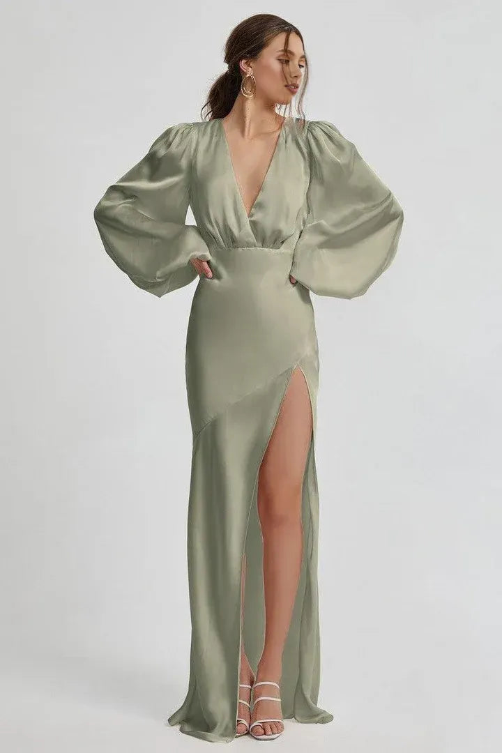Simple Fitted V Neck Long Sleeve Satin Floor-Length Prom Dress