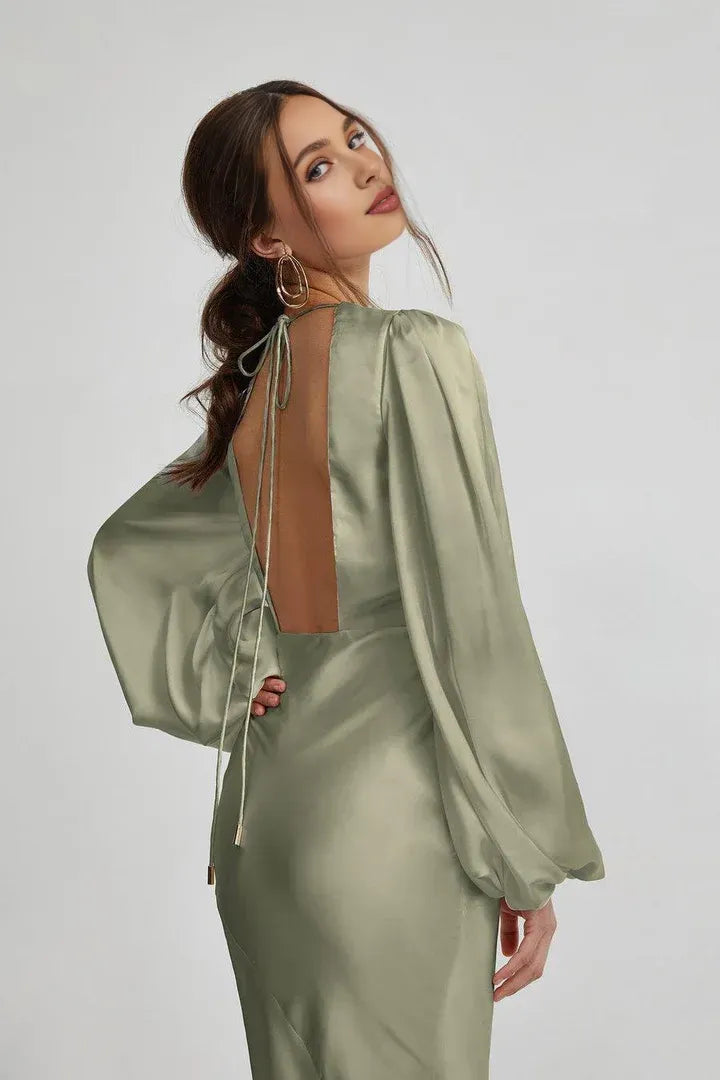 Simple Fitted V Neck Long Sleeve Satin Floor-Length Prom Dress