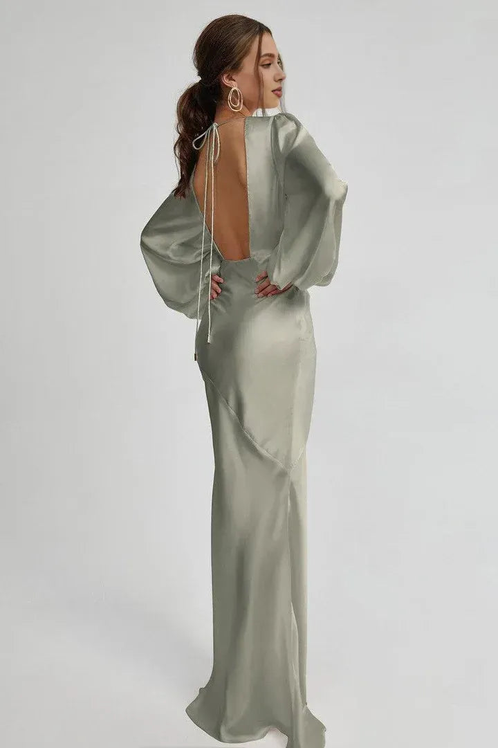 Simple Fitted V Neck Long Sleeve Satin Floor-Length Prom Dress