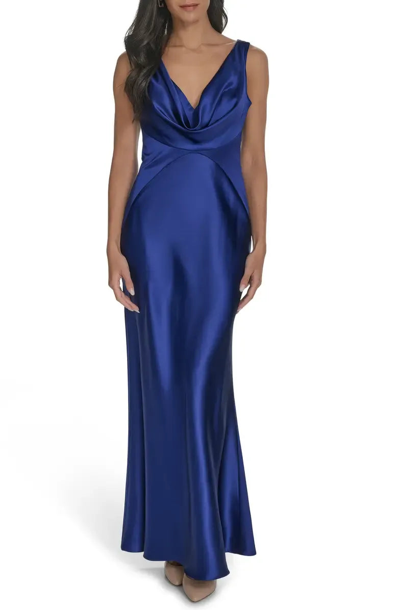 Simple Fitted V Neck Sleeveless Satin Floor-Length Prom Dress