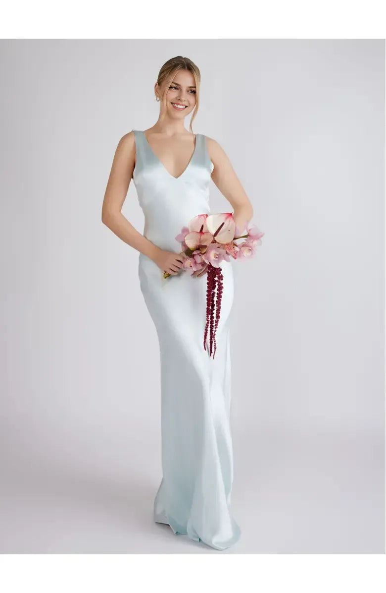 Simple Fitted V Neck Sleeveless Satin Floor-Length Prom Dress