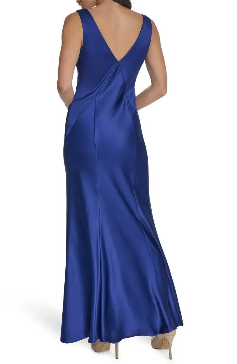 Simple Fitted V Neck Sleeveless Satin Floor-Length Prom Dress