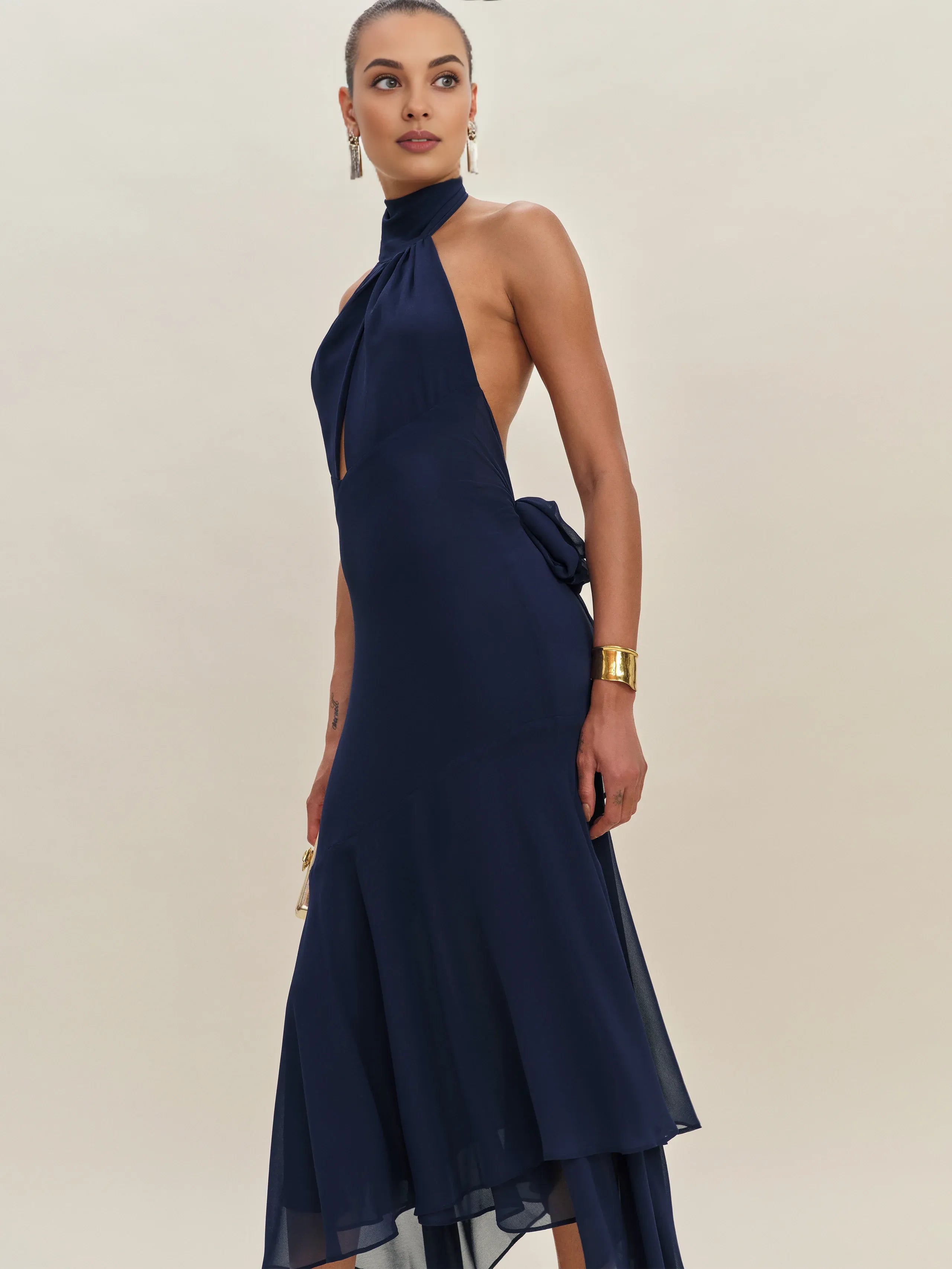 Robe Weitese simple, col haut, sans manches, coupe trapèze, robe de bal, robe longue plissée, dos nu, ourlet asymétrique 