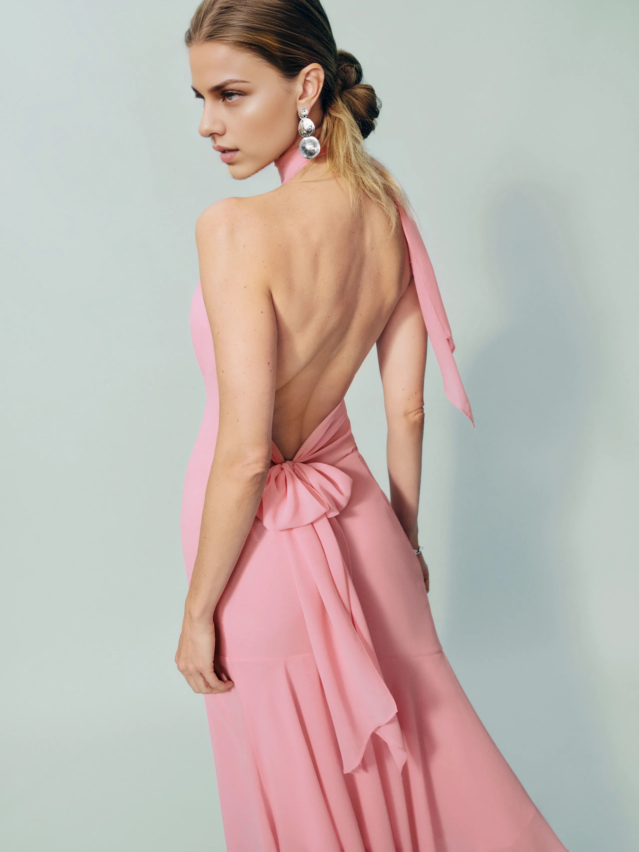 Robe Weitese simple, col haut, sans manches, coupe trapèze, robe de bal, robe longue plissée, dos nu, ourlet asymétrique 