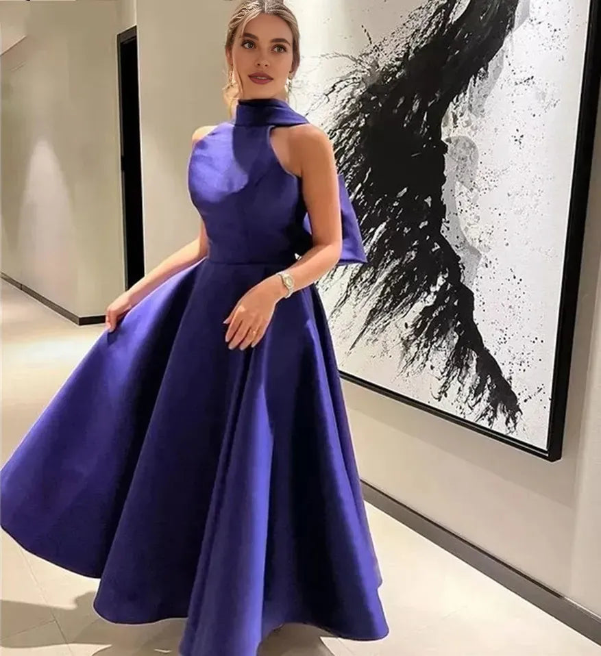 Simple Halter Neck Sleeveless A-Line Bow(s) Satin Ankle-Length Evening Dress