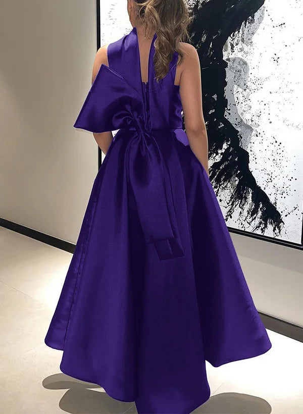 Simple Halter Neck Sleeveless A-Line Bow(s) Satin Ankle-Length Evening Dress