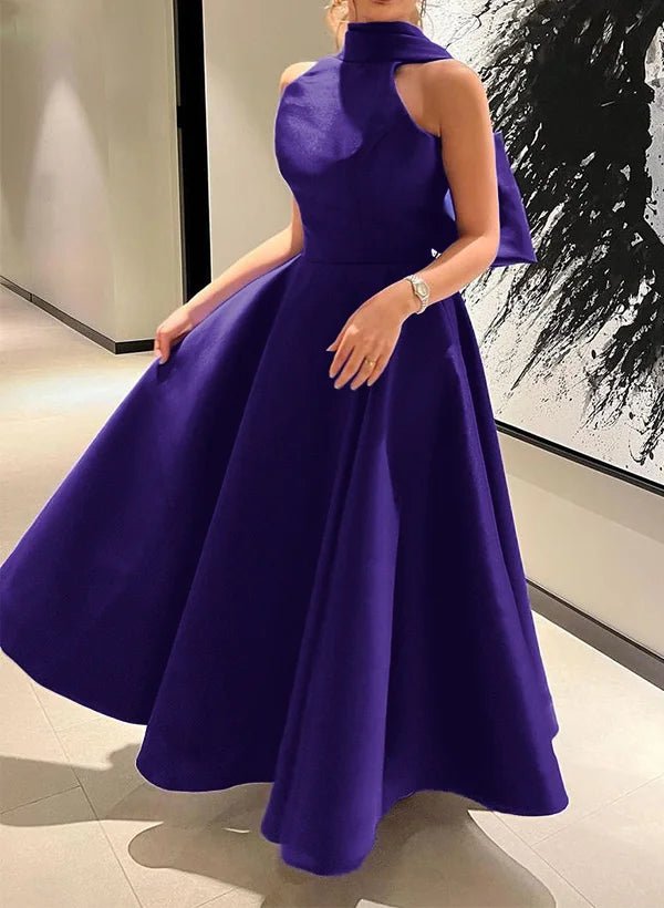 Simple Halter Neck Sleeveless A-Line Bow(s) Satin Ankle-Length Evening Dress