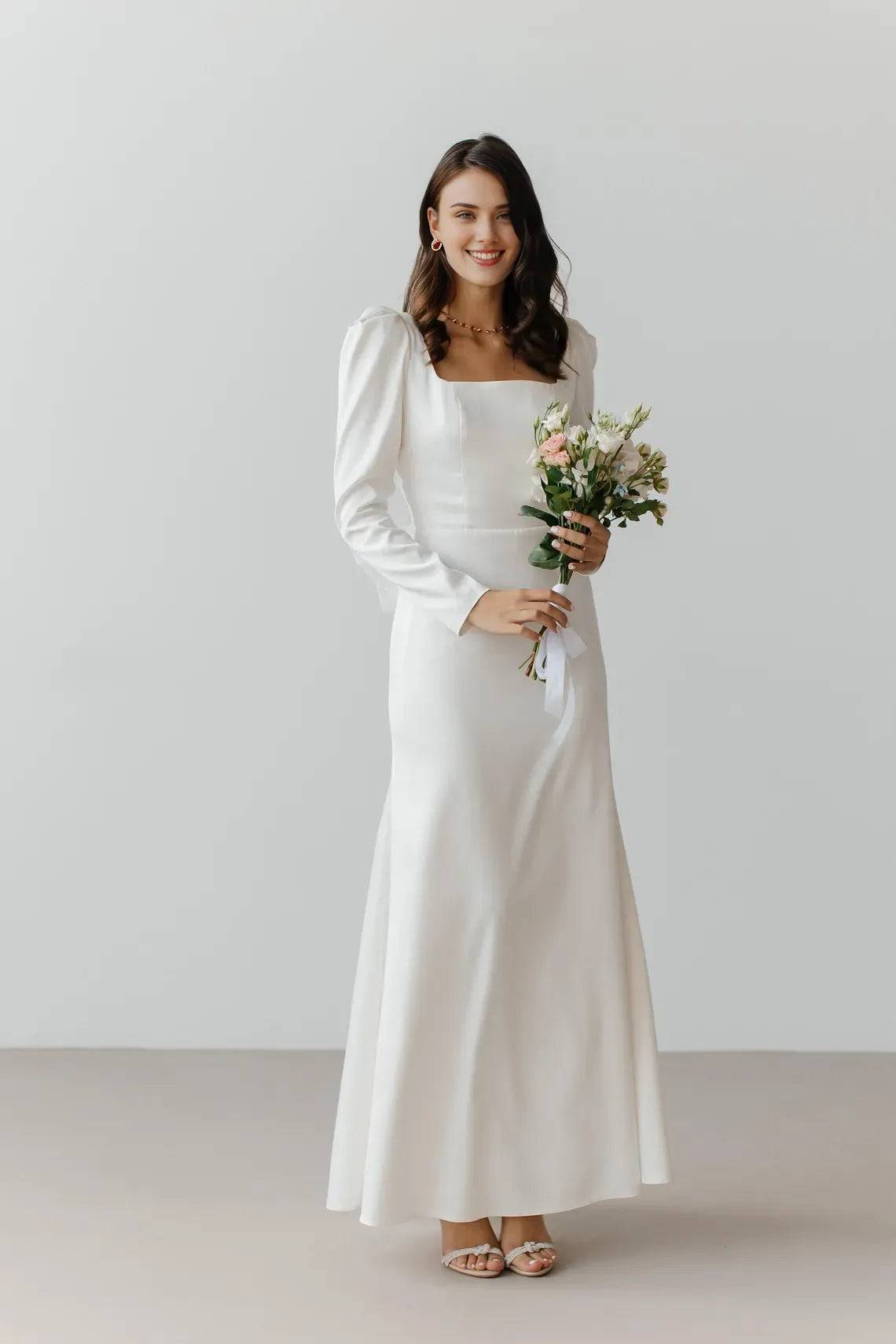 Simple Long Sleeves Ankle Length Bow White Open Back Square Neck Bridal Wedding Dress