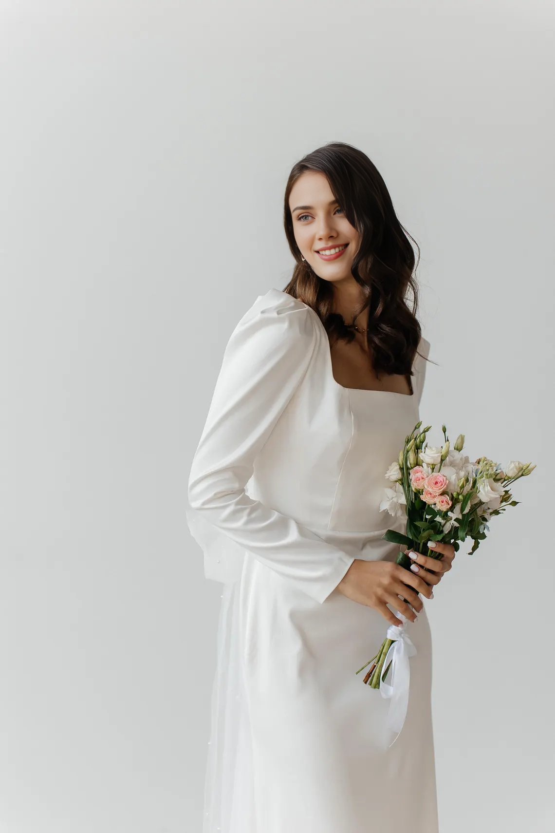 Simple Long Sleeves Ankle Length Bow White Open Back Square Neck Bridal Wedding Dress