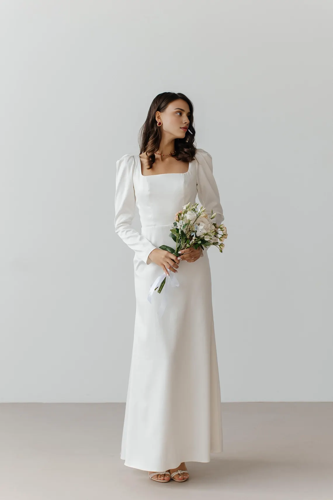 Simple Long Sleeves Ankle Length Bow White Open Back Square Neck Bridal Wedding Dress