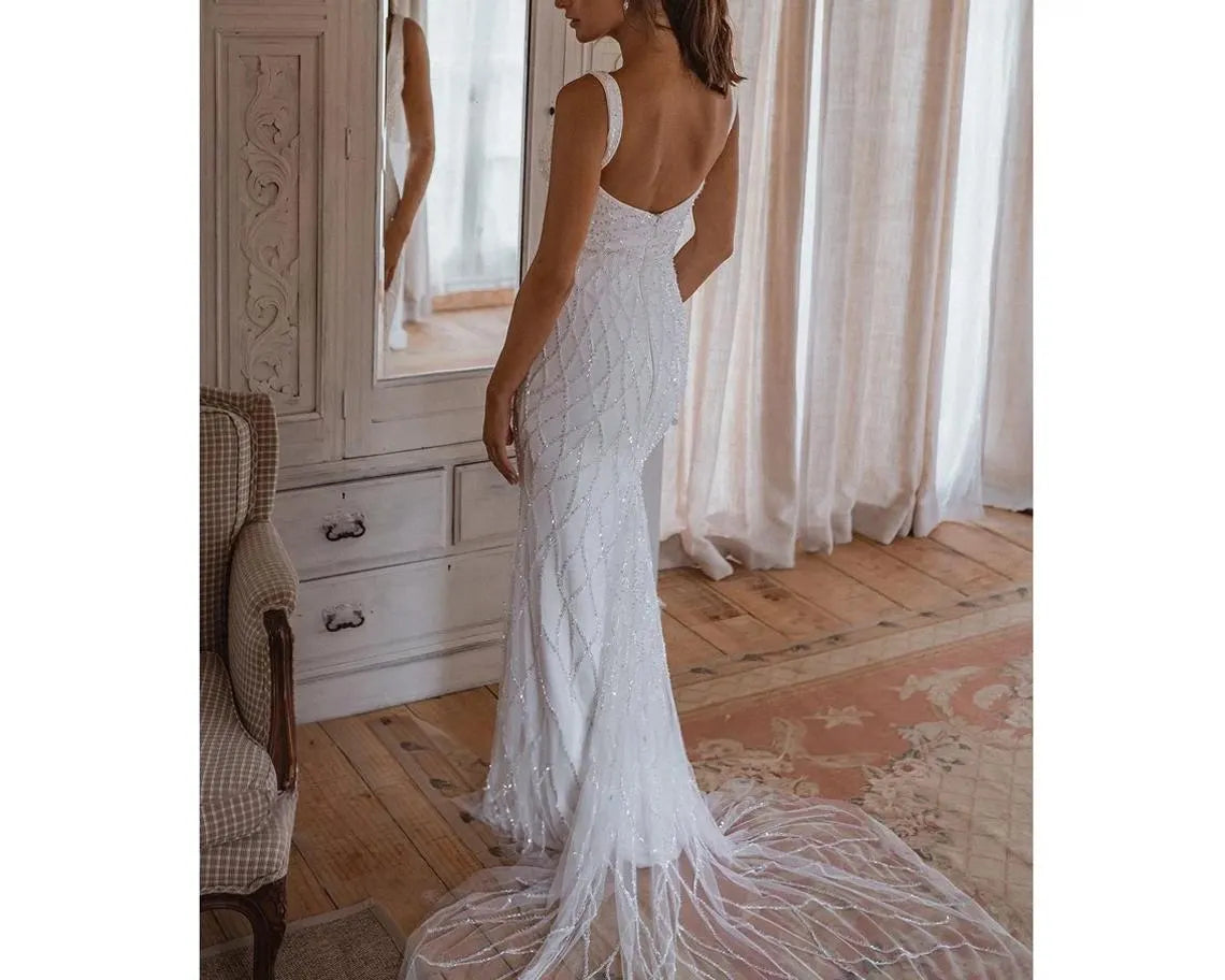 Simple Low Back Wedding Dress Sequin Square Neck Sleeveless Bridal Gown Low Back Tulle Beaded Dress Mermaid Wedding Dress Backless Bridal dress
