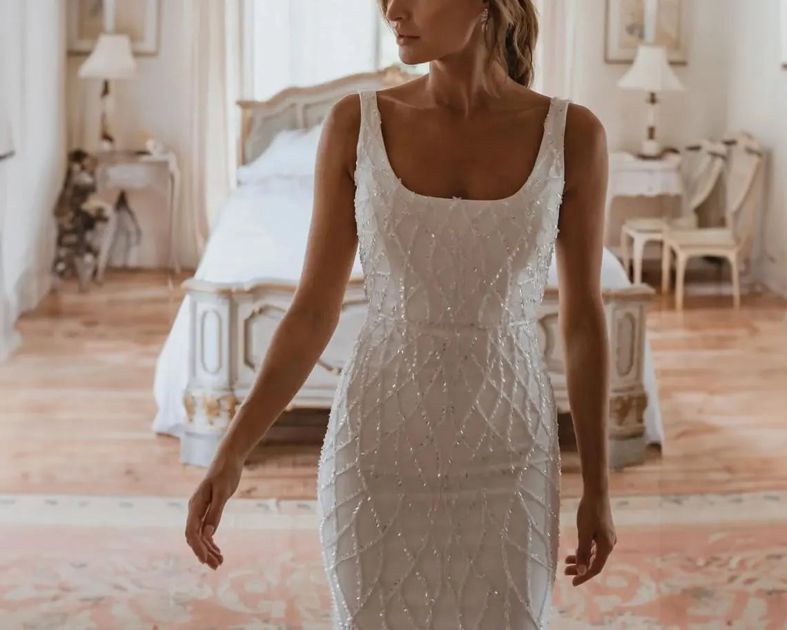 Simple Low Back Wedding Dress Sequin Square Neck Sleeveless Bridal Gown Low Back Tulle Beaded Dress Mermaid Wedding Dress Backless Bridal dress