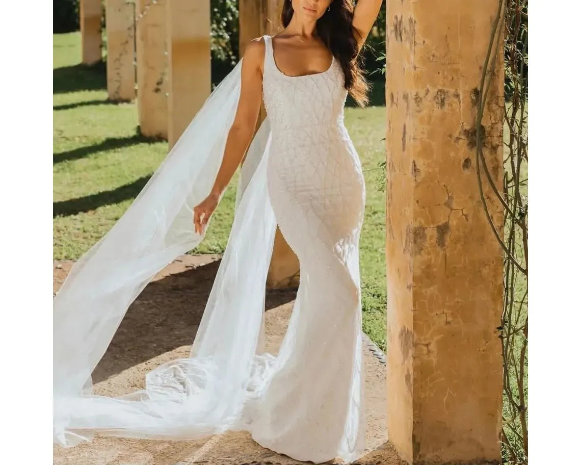 Simple Low Back Wedding Dress Sequin Square Neck Sleeveless Bridal Gown Low Back Tulle Beaded Dress Mermaid Wedding Dress Backless Bridal dress