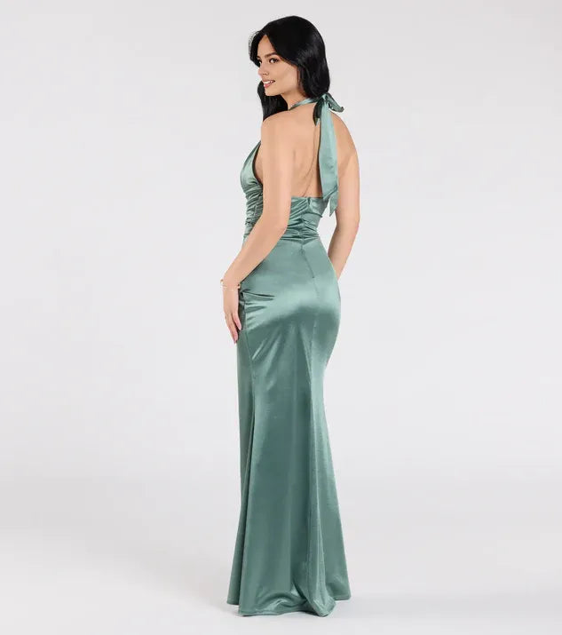 Simple Mermaid Halter Neck Sleeveless Open Back Floor-Length Prom Dress