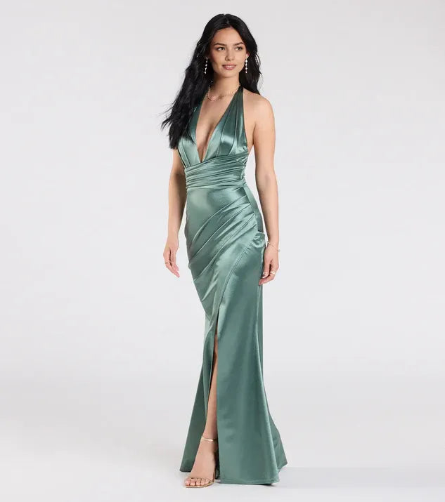 Simple Mermaid Halter Neck Sleeveless Open Back Floor-Length Prom Dress