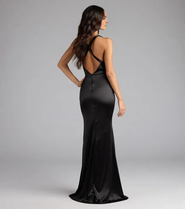 Simple Mermaid Halter Plunge V Neck Sleeveless Open Back Floor-Length Prom Dress