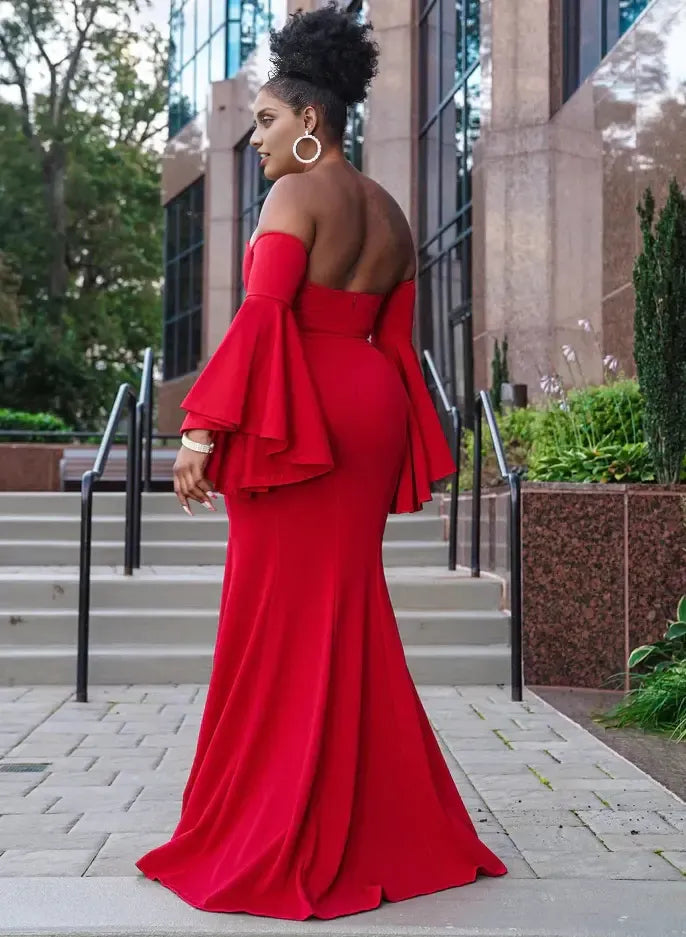 Simple Mermaid Off-The-Shoulder Long Sleeves Pleated Satin Sweep Train Plus Size Prom Dress