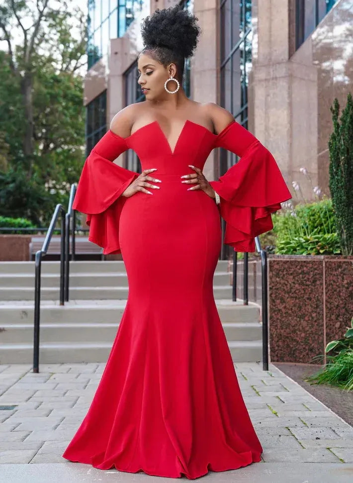 Simple Mermaid Off-The-Shoulder Long Sleeves Pleated Satin Sweep Train Plus Size Prom Dress