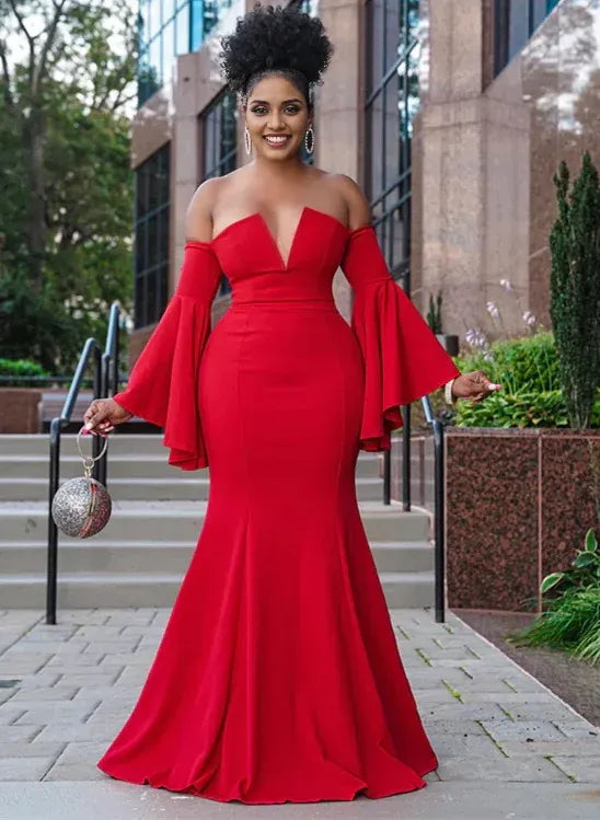 Simple Mermaid Off-The-Shoulder Long Sleeves Pleated Satin Sweep Train Plus Size Prom Dress