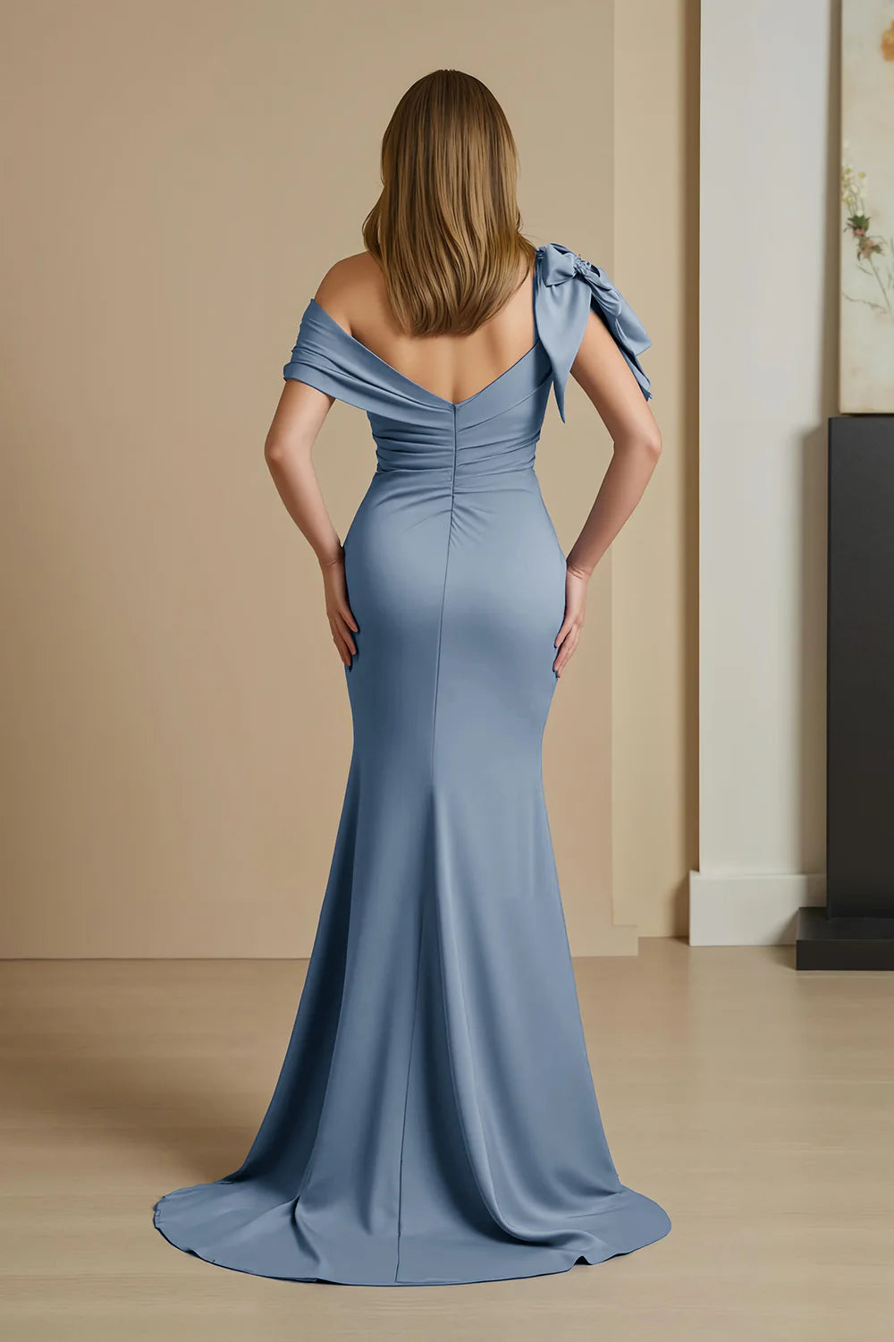 Simple Mermaid Off the Shoulder Cap Sleeve V Back Sweep/Brush Train Mother of the Bride Dress