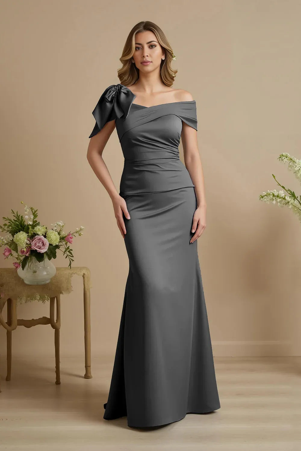 Simple Mermaid Off the Shoulder Cap Sleeve V Back Sweep/Brush Train Mother of the Bride Dress