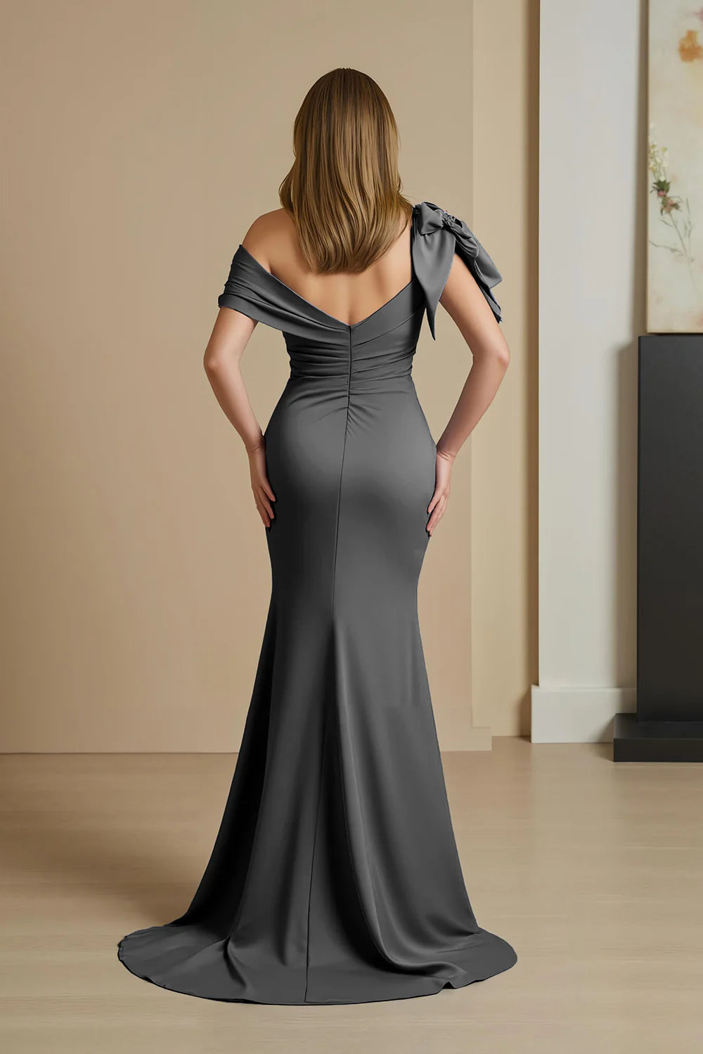 Simple Mermaid Off the Shoulder Cap Sleeve V Back Sweep/Brush Train Mother of the Bride Dress