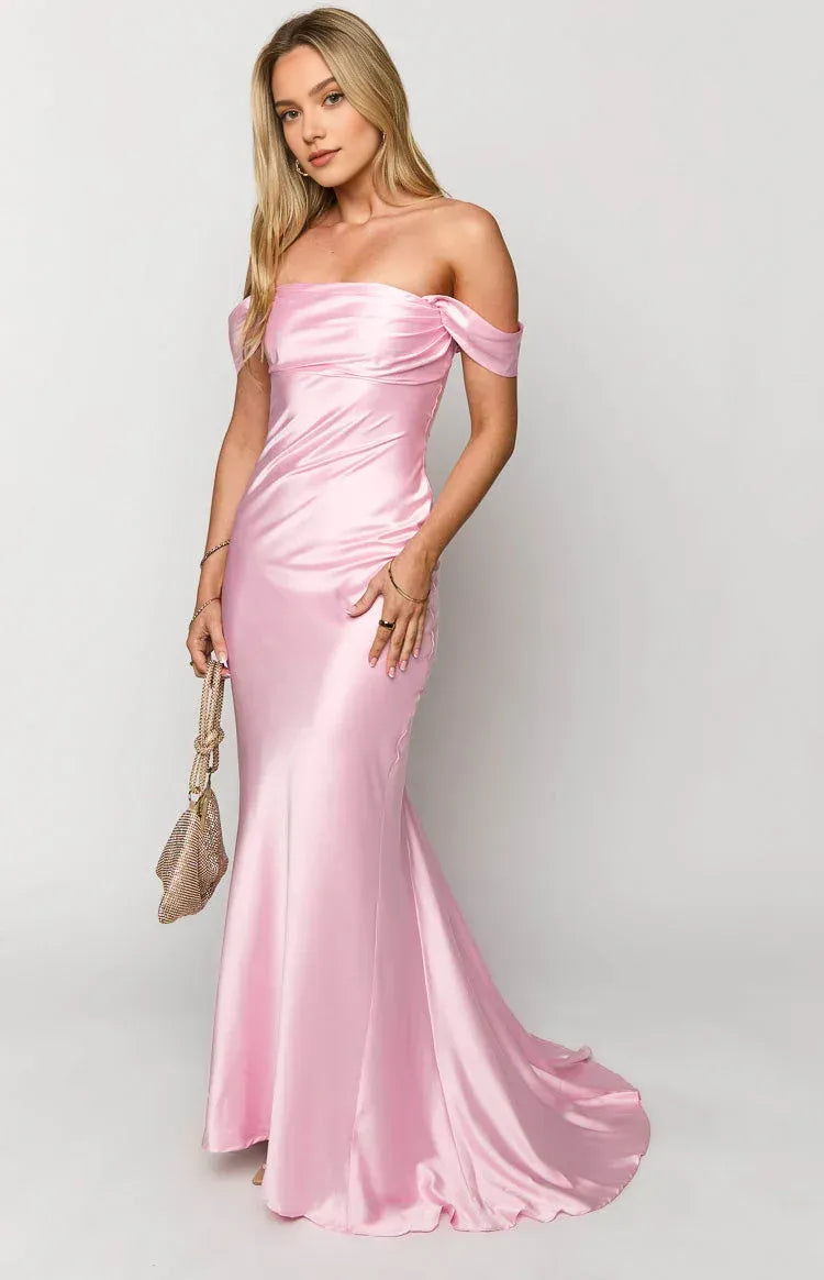 Simple Mermaid/Trumpet Off the Shoulder Dropped Shoulder Sleeves Backless Sweep/Brush Train Prom Dress