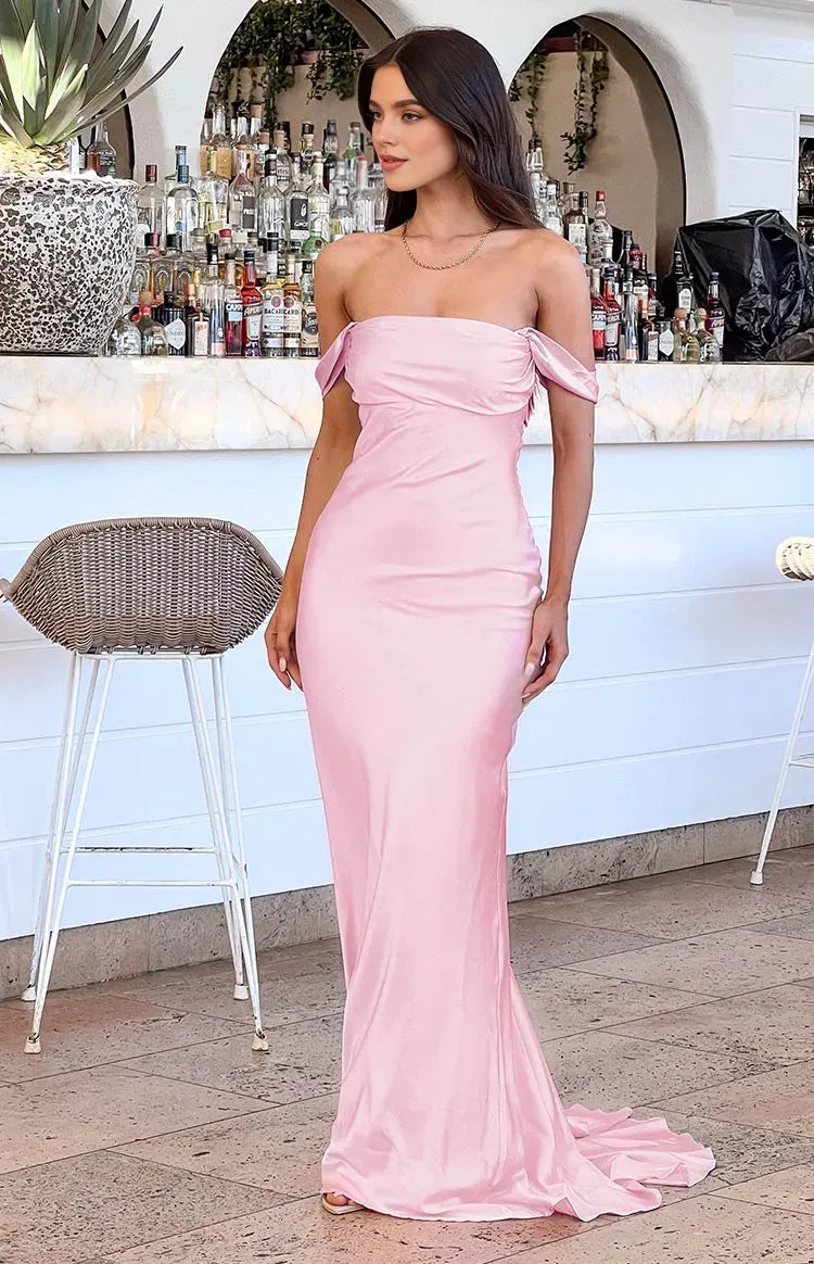 Simple Mermaid/Trumpet Off the Shoulder Dropped Shoulder Sleeves Backless Sweep/Brush Train Prom Dress