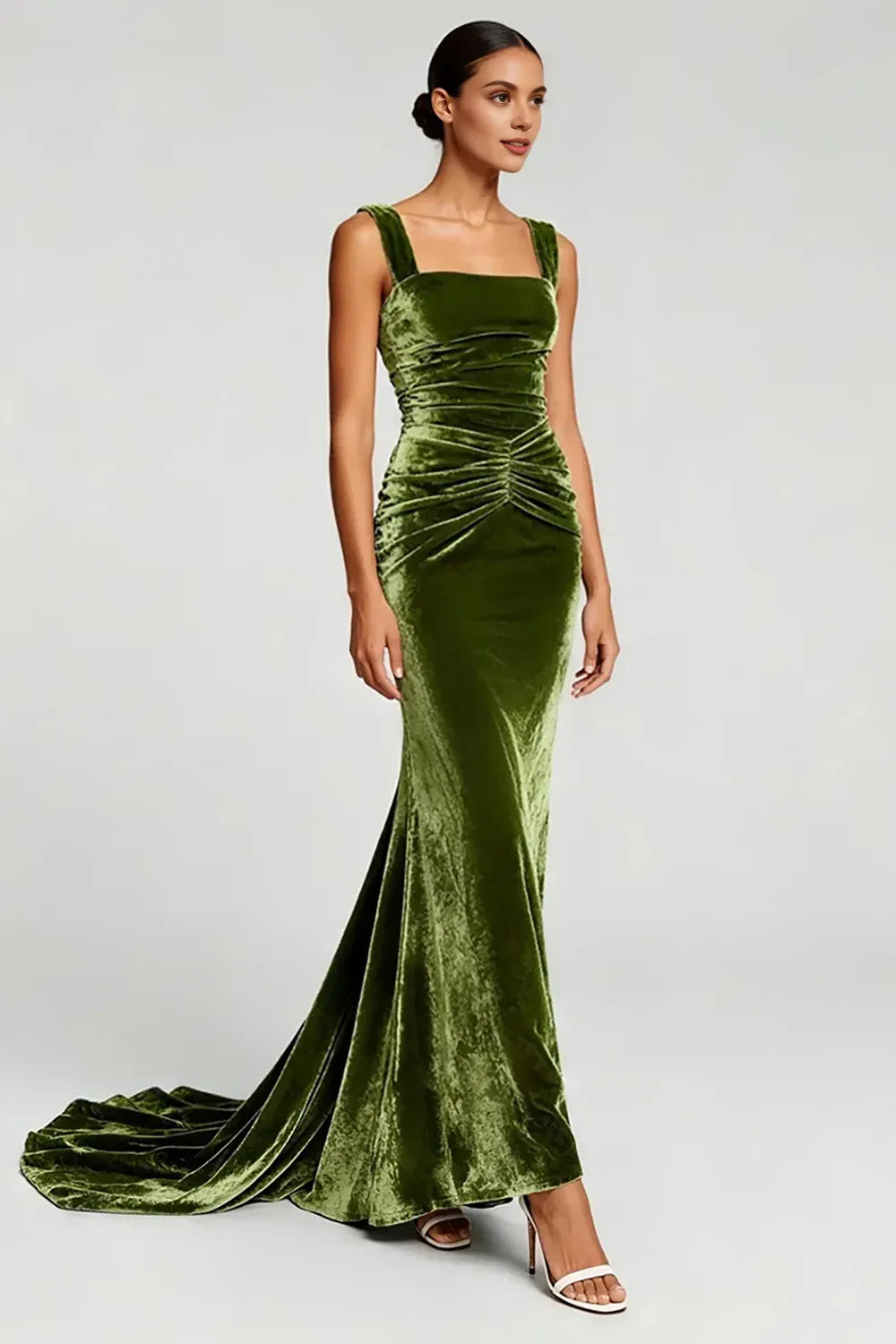 Simple Mermaid/Trumpet Square Neck Sleeveless Velvet Sweep/Brush Train Prom Dress