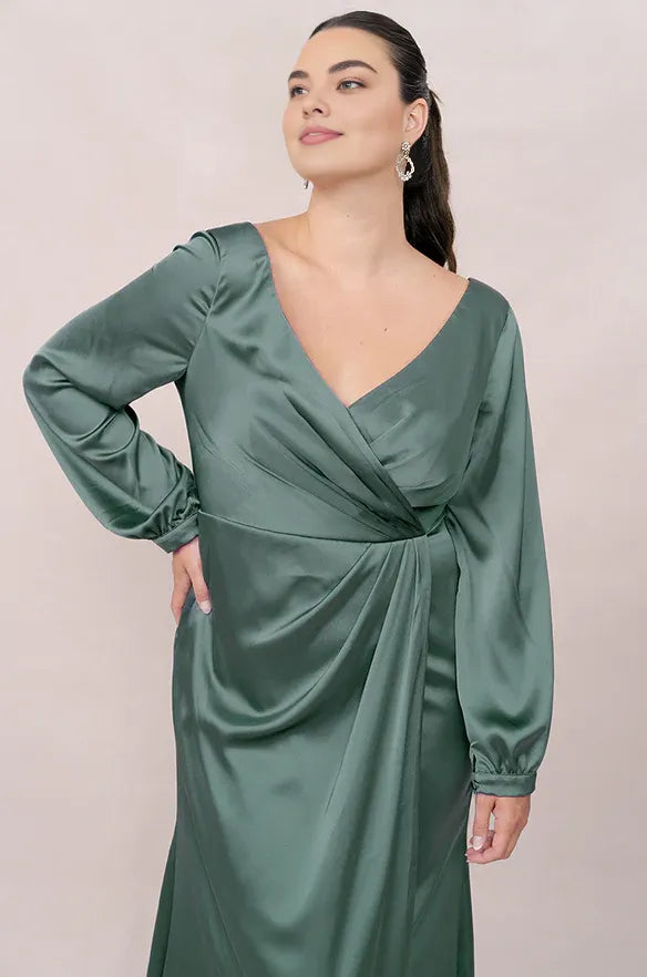 Simple Mermaid V Neck Long Sleeve Satin Floor-Length Plus Size Prom Dress