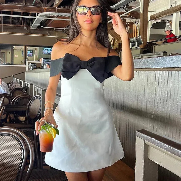 Simple Off Shoulder Sleeveless A-Line Bow knot Satin Short-Mini Homecoming Dress