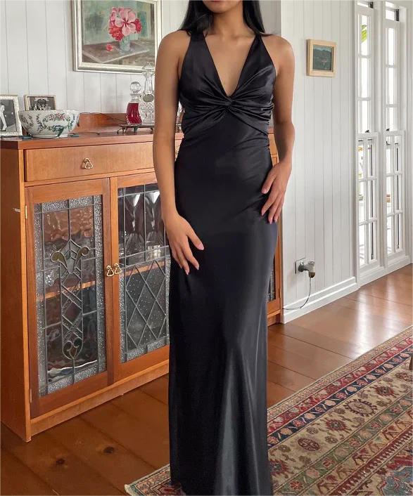 Weitese Dress Prom Dress Stores Black V Neck Backless Simple Satin Long Evening Party Dress Formal Women's Dresses