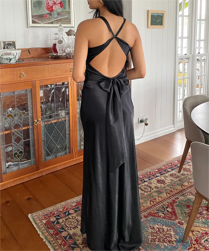 Weitese Dress Prom Dress Stores Black V Neck Backless Simple Satin Long Evening Party Dress Formal Women's Dresses