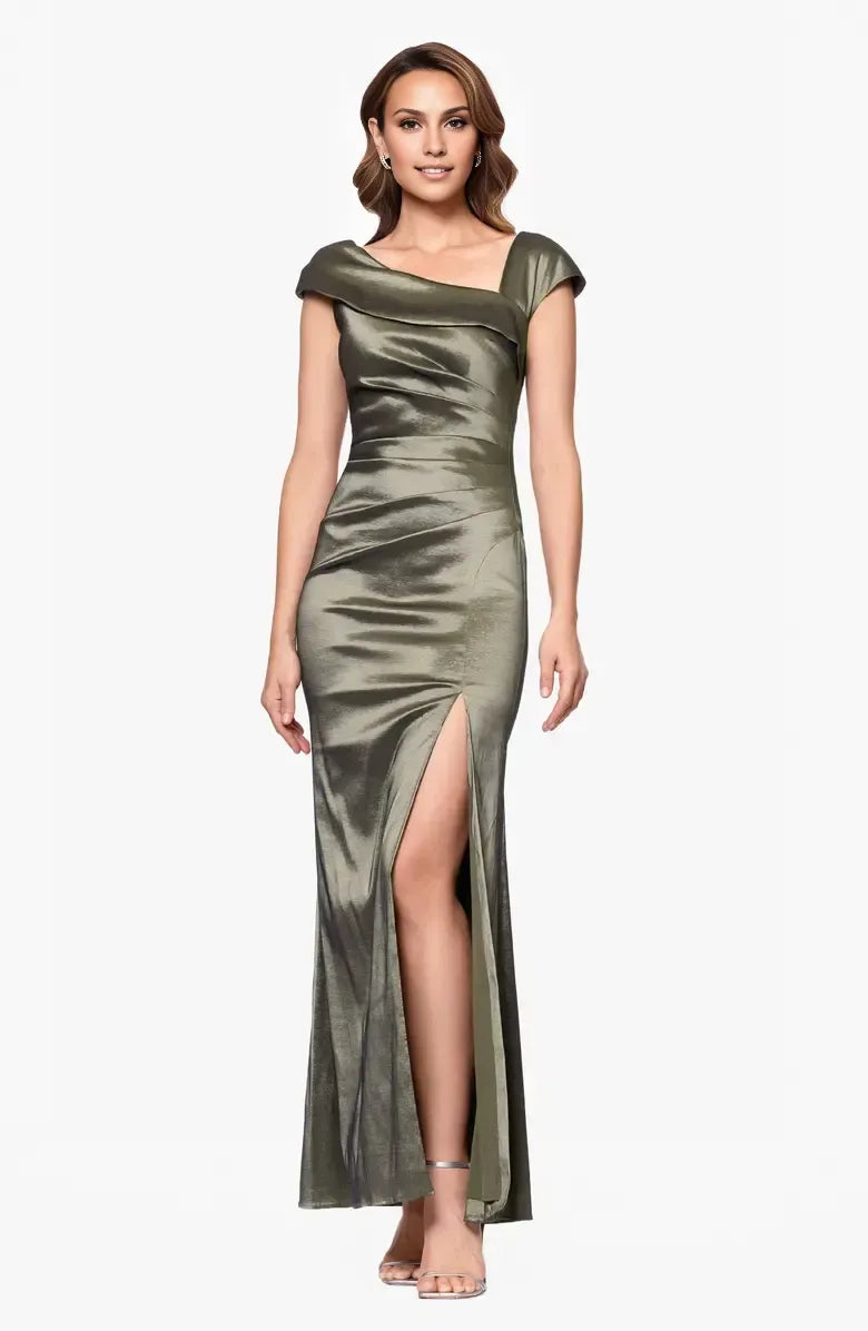 Simple Sheath Asymmetric Neck Cap Sleeve Satin Ankle-Length Prom Dress