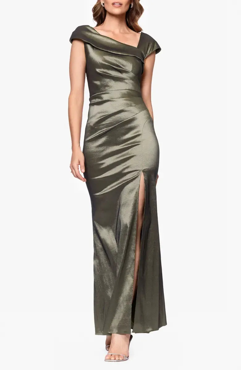 Simple Sheath Asymmetric Neck Cap Sleeve Satin Ankle-Length Prom Dress