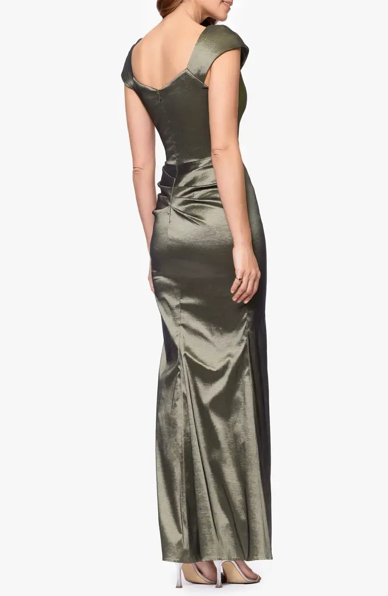 Simple Sheath Asymmetric Neck Cap Sleeve Satin Ankle-Length Prom Dress