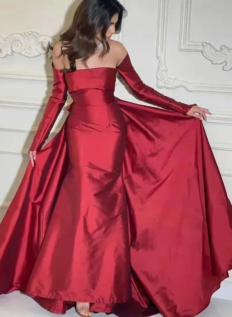 Simple Sheath/Column Off the Shoulder Long Sleeves Bow Satin Floor-Length Evening Dress