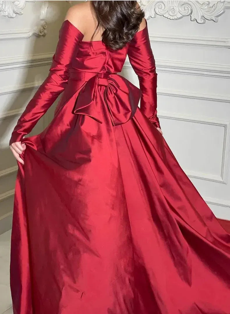 Simple Sheath/Column Off the Shoulder Long Sleeves Bow Satin Floor-Length Evening Dress